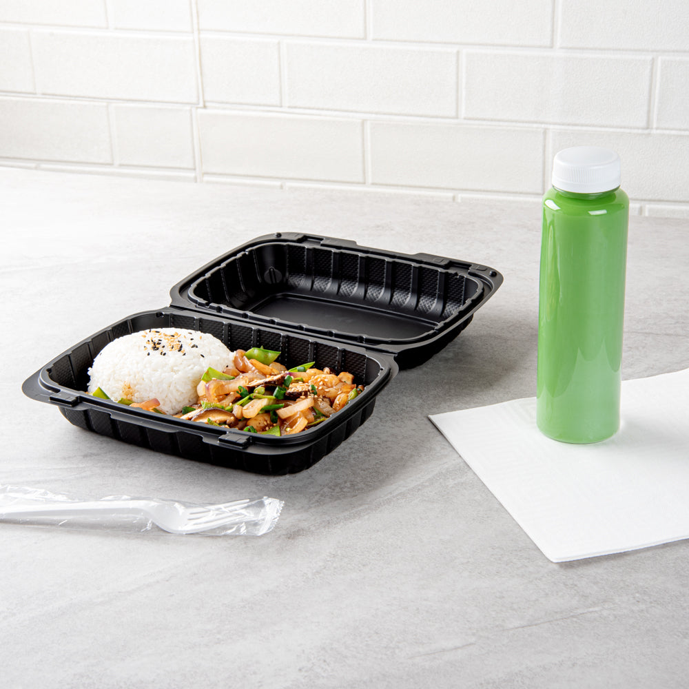 Thermo Tek 30 oz Black Mineral-Filled Plastic Clamshell Container - 9" x 6" x 3" - 100 count box