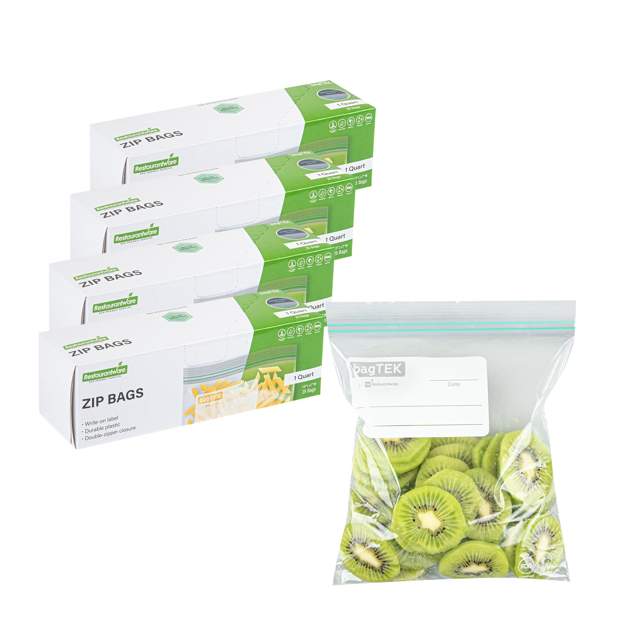 Bag Tek 1 qt Clear Plastic Zip Bag - Double Zipper, Write-On Label, BPA-Free - 7 1/2" x 7" - 25 count box