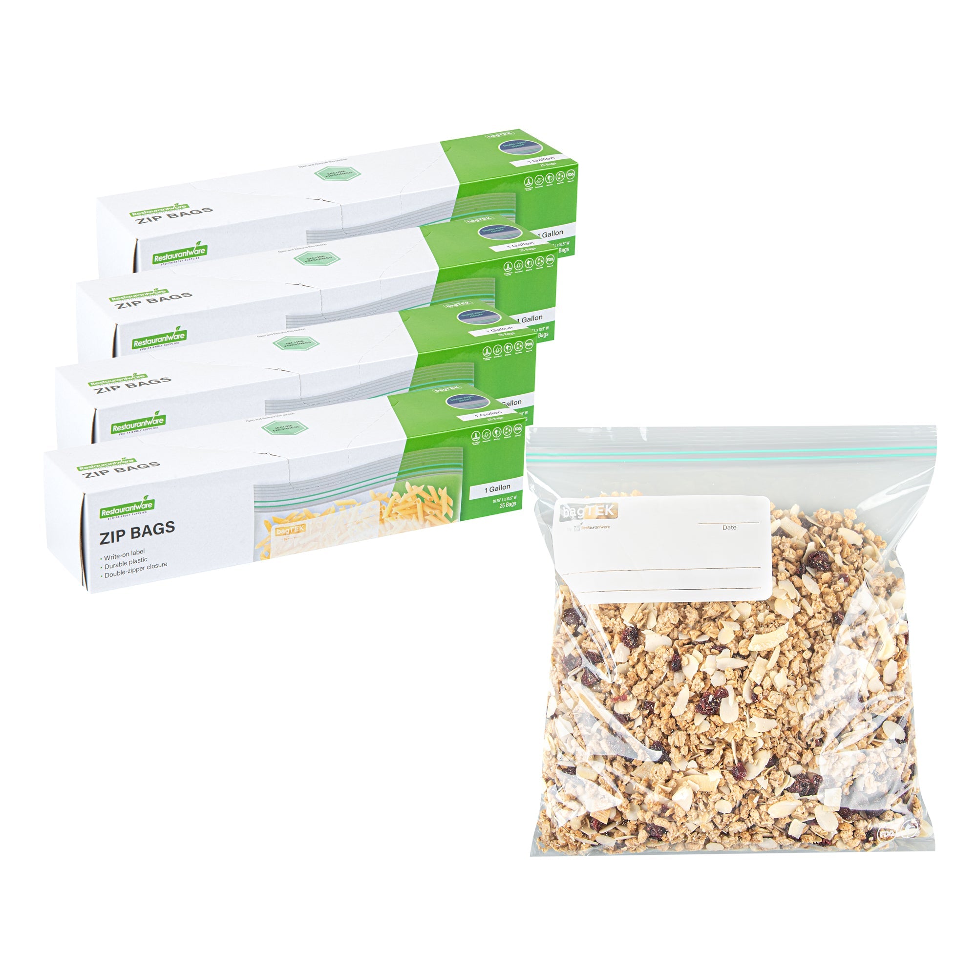 Bag Tek 1 gal Clear Plastic Zip Bag - Double Zipper, Write-On Label, BPA-Free - 10 3/4" x 10 1/2" - 25 count box