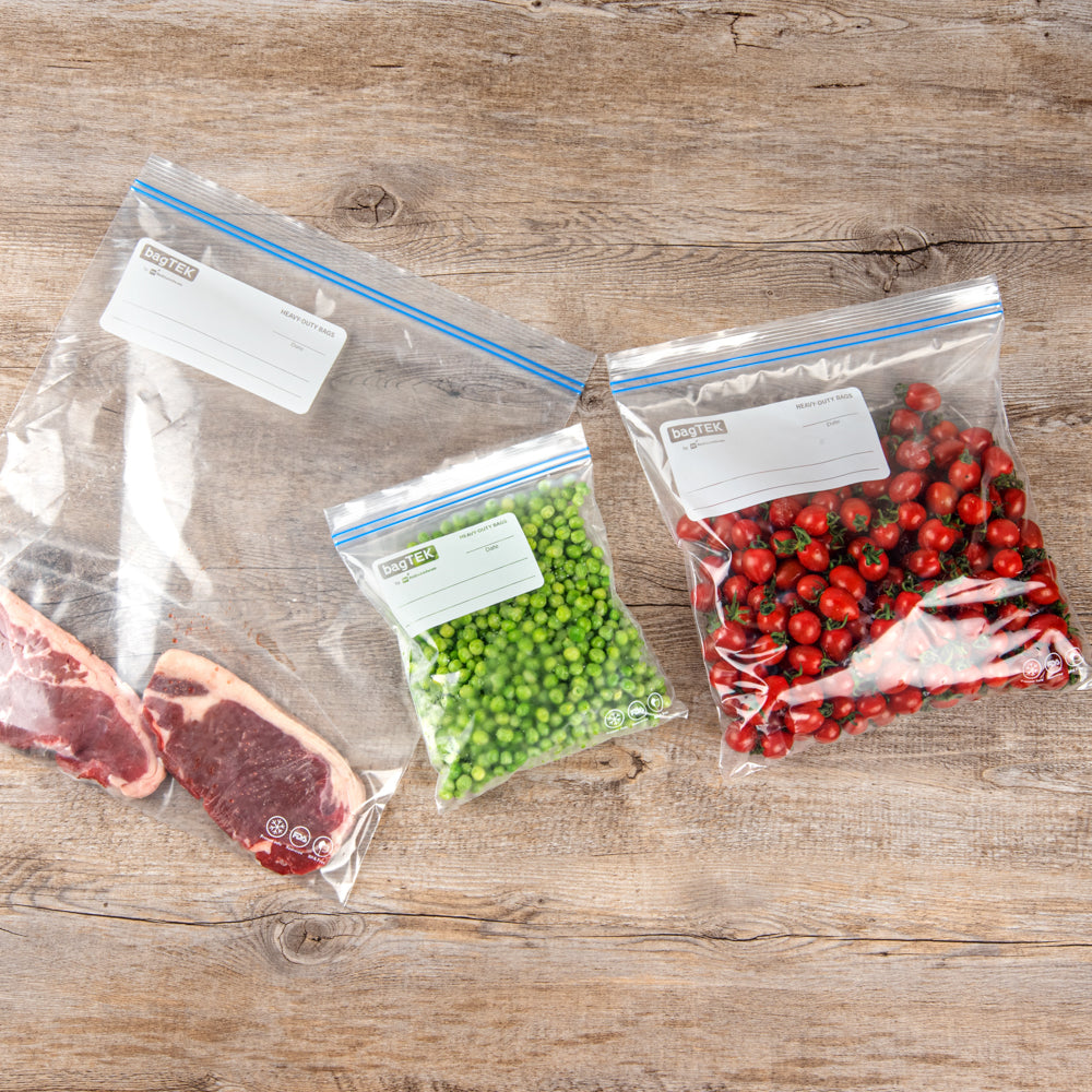 Bag Tek 1 qt Clear Plastic Freezer Bag - Double Zipper, Write-On Label, BPA-Free - 7 1/2" x 7" - 25 count box