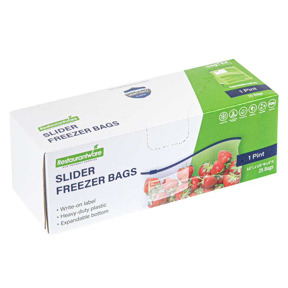 Bag Tek Pint Size Clear Plastic Slider Freezer Bag - Expandable Bottom, Write-On Label, BPA-Free - 6 1/2" x 1 1/4" x 6" - 25 count box