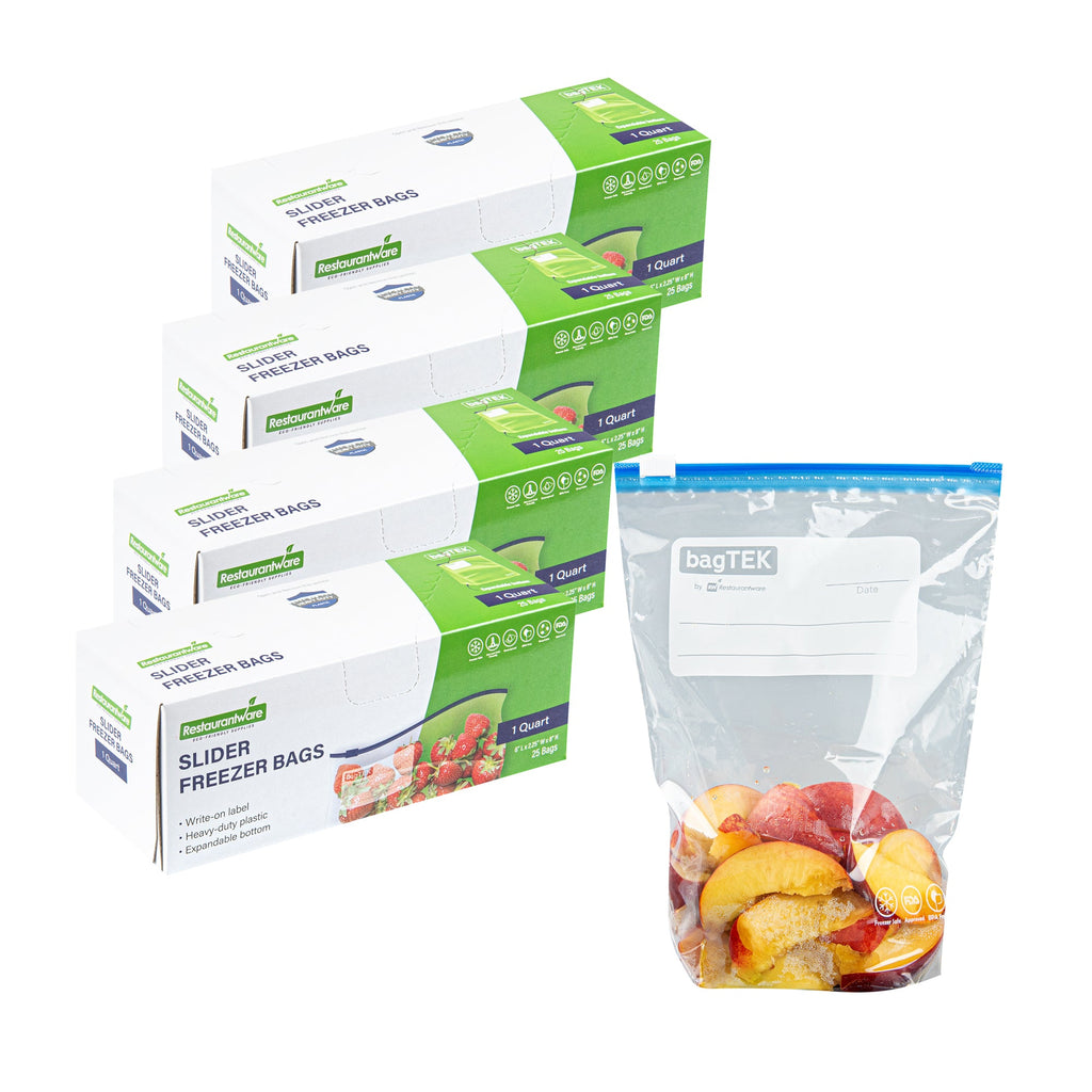 Bag Tek 1 qt Clear Plastic Slider Freezer Bag - Expandable Bottom, Write-On Label, BPA-Free - 6" x 2 1/4" x 8" - 25 count box