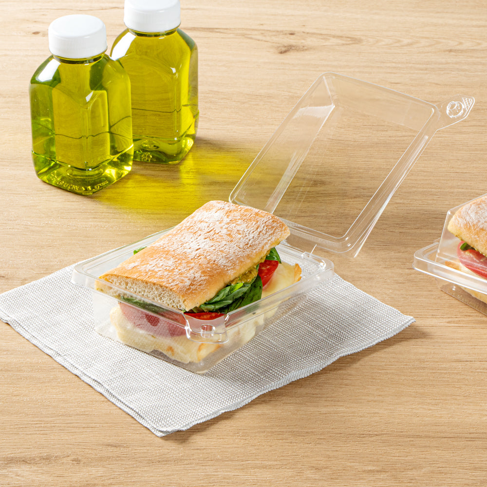 Tamper Tek Rectangle Clear Plastic Sandwich Container - with Lid, Tamper-Evident - 6" x 4 1/2" x 2 1/4" - 100 count box