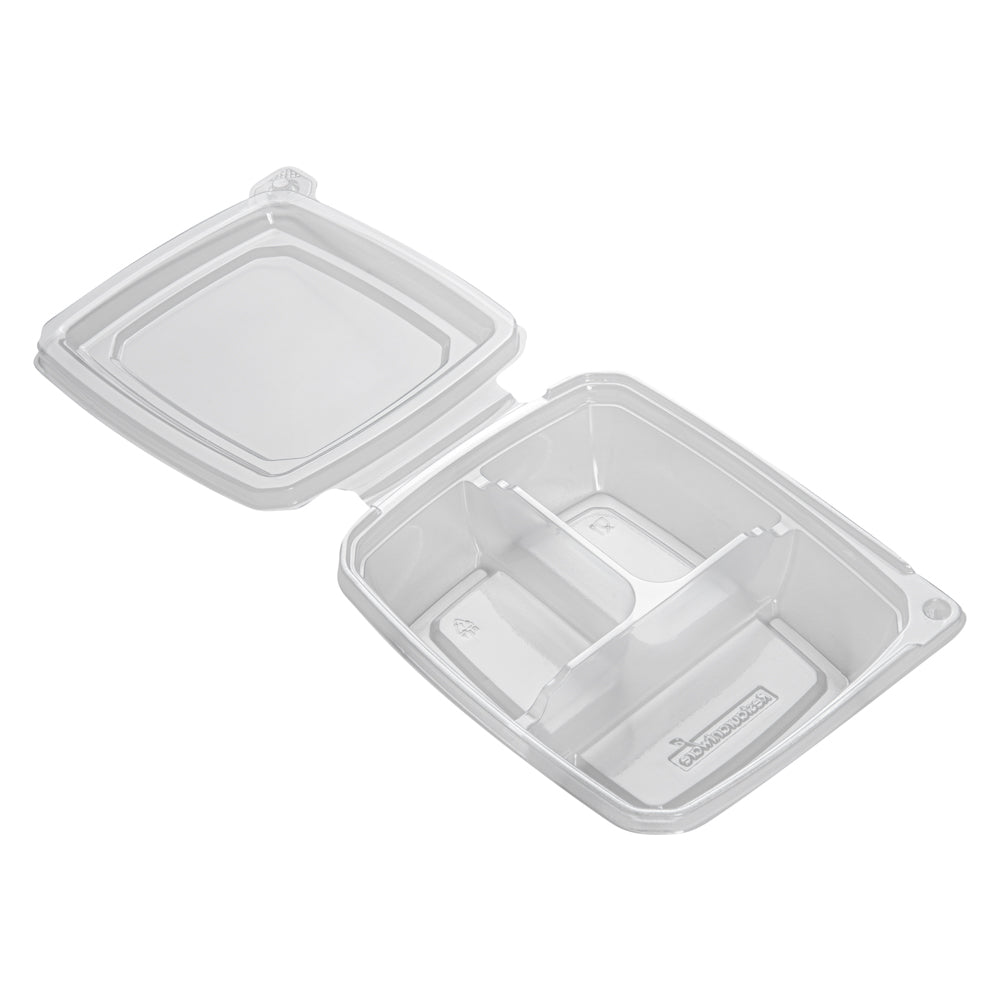 Tamper Tek 11 oz Rectangle Clear Plastic Container - with Lid, Tamper-Evident, 3 Compartments - 7" x 5 1/2" x 1 1/2" - 100 count box
