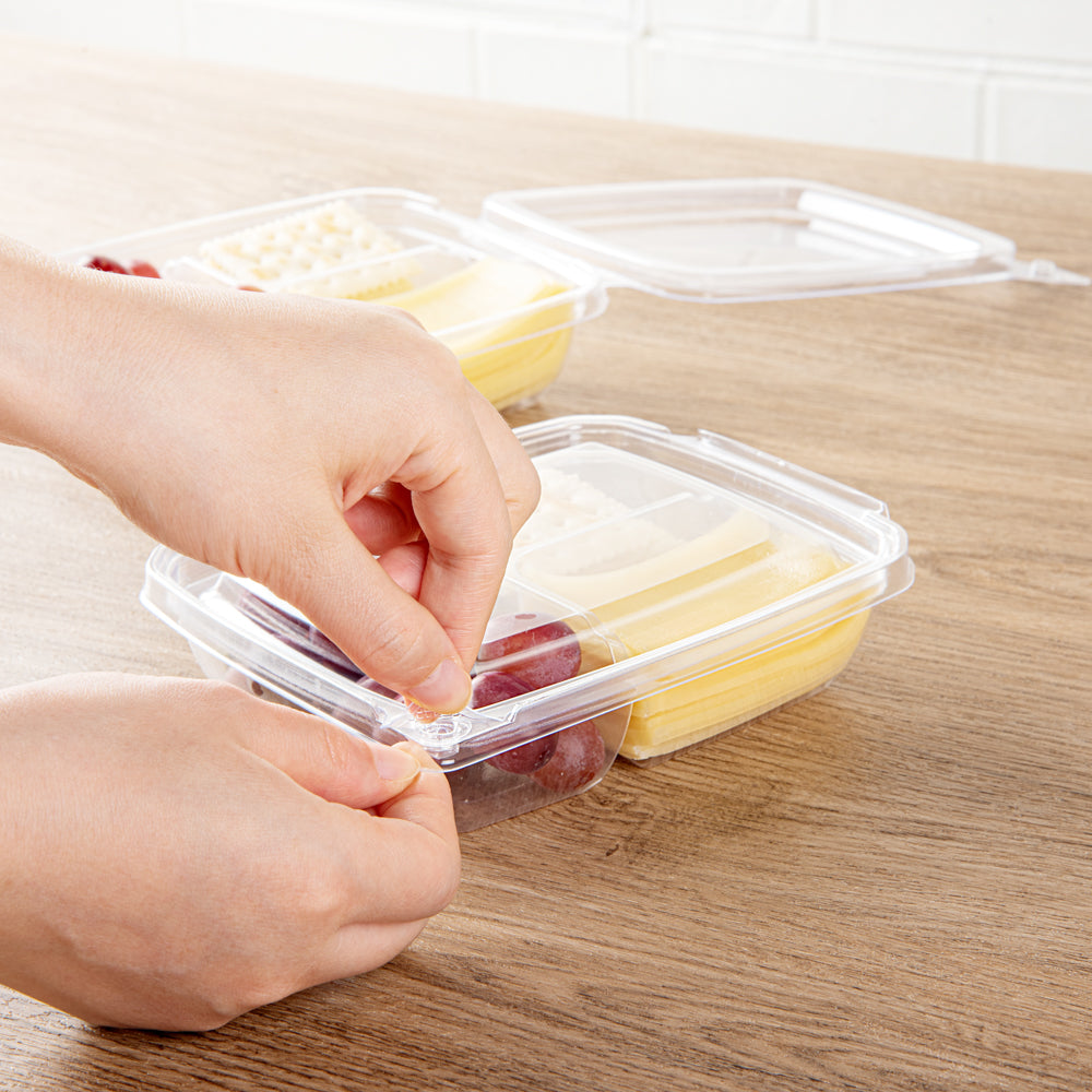 Tamper Tek 11 oz Rectangle Clear Plastic Container - with Lid, Tamper-Evident, 3 Compartments - 7" x 5 1/2" x 1 1/2" - 100 count box