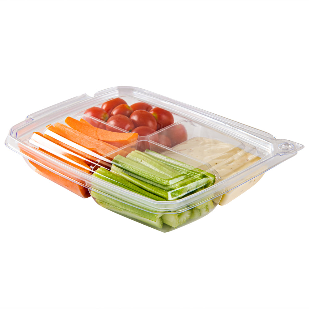 Tamper Tek 13 oz Rectangle Clear Plastic Container - with Lid, Tamper-Evident, 4 Compartments - 7" x 5 1/2" x 1 1/2" - 100 count box