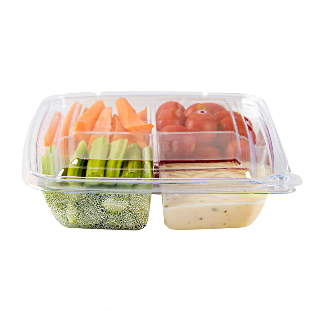 Tamper Tek 13 oz Rectangle Clear Plastic Container - with Lid, Tamper-Evident, 4 Compartments - 7" x 5 1/2" x 1 1/2" - 100 count box