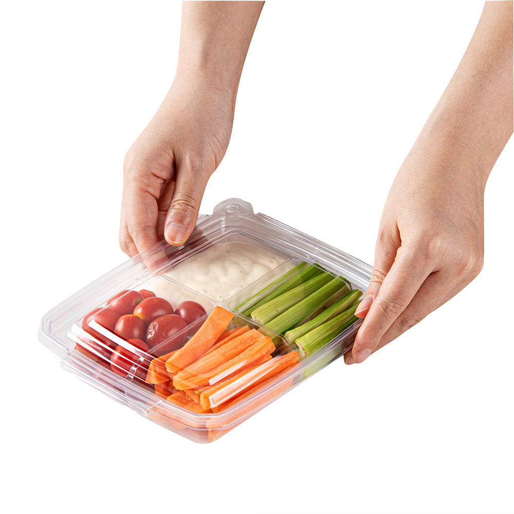 Tamper Tek 13 oz Rectangle Clear Plastic Container - with Lid, Tamper-Evident, 4 Compartments - 7" x 5 1/2" x 1 1/2" - 100 count box