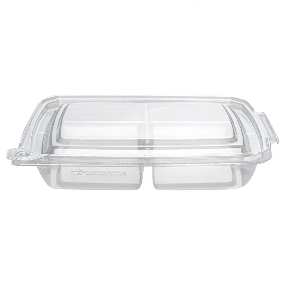 Tamper Tek 13 oz Rectangle Clear Plastic Container - with Lid, Tamper-Evident, 4 Compartments - 7" x 5 1/2" x 1 1/2" - 100 count box