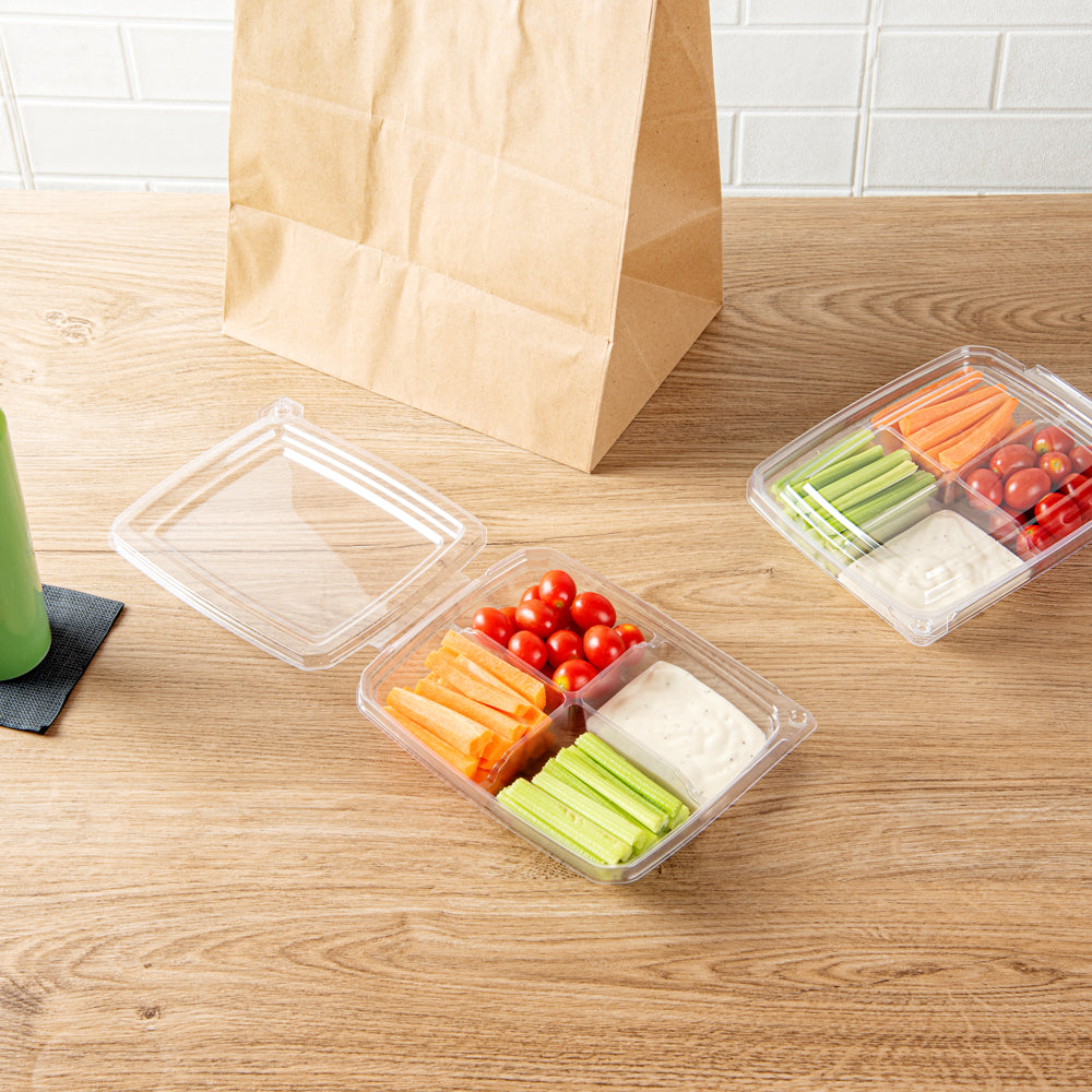 Tamper Tek 13 oz Rectangle Clear Plastic Container - with Lid, Tamper-Evident, 4 Compartments - 7" x 5 1/2" x 1 1/2" - 100 count box