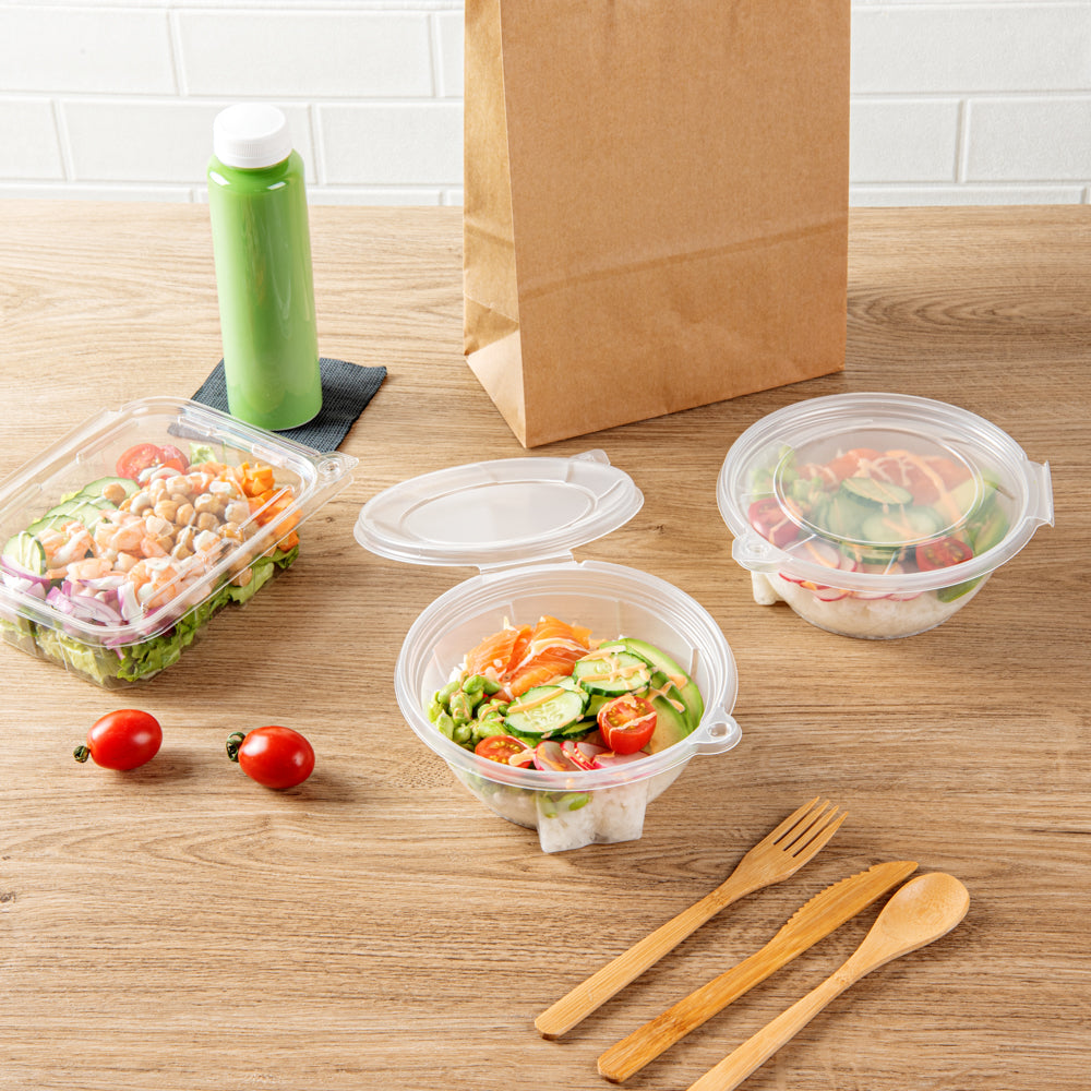 Tamper Tek 24 oz Round Clear Plastic Bowl - with Lid, Tamper-Evident, Microwavable - 6 3/4" x 6 1/2" x 2 1/2" - 100 count box
