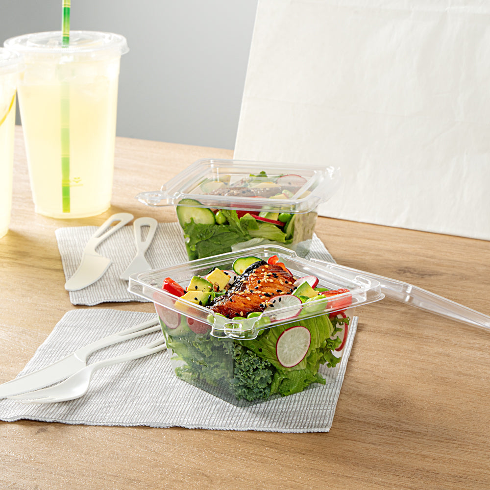 Tamper Tek 12 oz Square Clear Plastic Salad Bowl - with Lid, Tamper-Evident - 4 3/4" x 4 1/2" x 2 1/4" - 100 count box