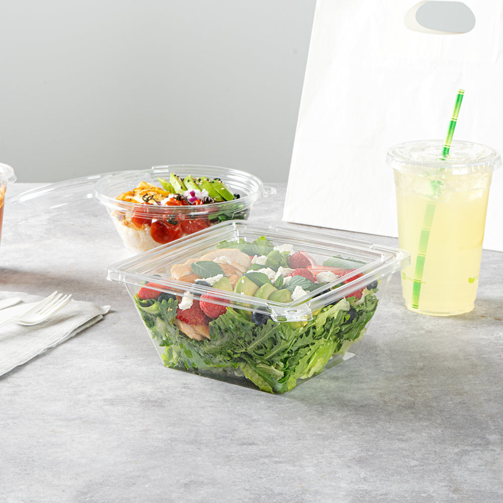 Tamper Tek 48 oz Square Clear Plastic Salad Bowl - with Lid, Tamper-Evident - 7 1/2" x 7 1/4" x 3 1/4" - 100 count box