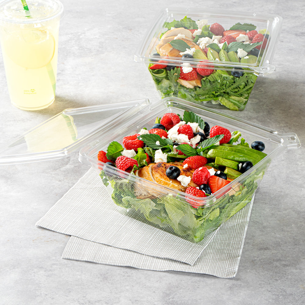 Tamper Tek 48 oz Square Clear Plastic Salad Bowl - with Lid, Tamper-Evident - 7 1/2" x 7 1/4" x 3 1/4" - 100 count box