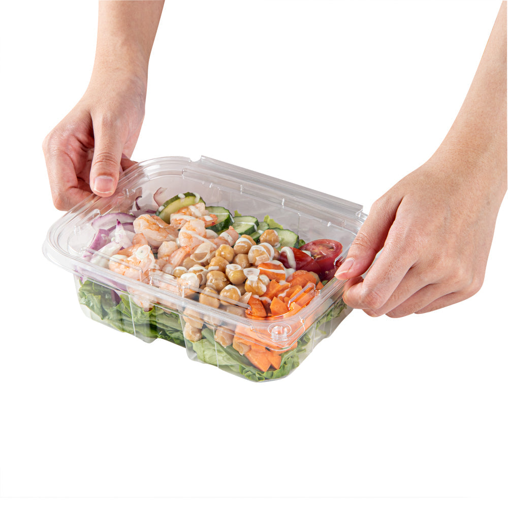 Tamper Tek 20 oz Rectangle Clear Plastic Salad Container - with Lid, Tamper-Evident - 7 1/4" x 5 1/2" x 2" - 100 count box