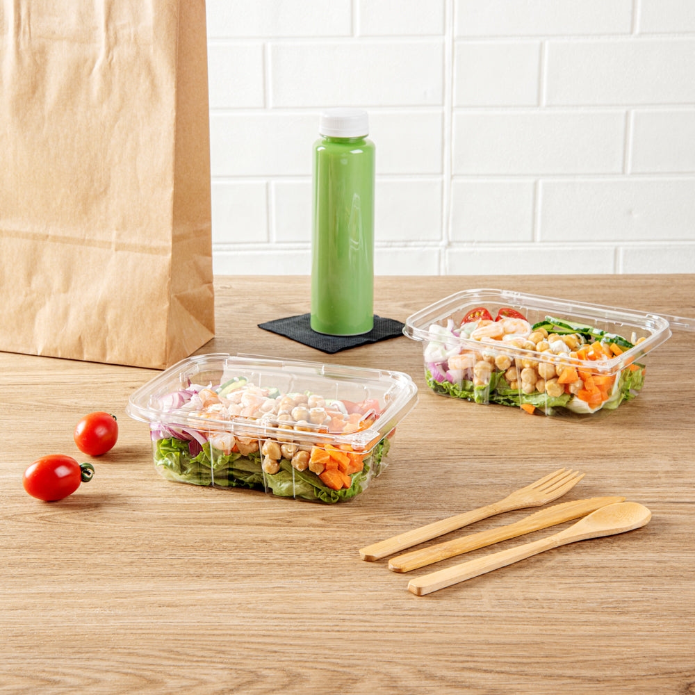 Tamper Tek 20 oz Rectangle Clear Plastic Salad Container - with Lid, Tamper-Evident - 7 1/4" x 5 1/2" x 2" - 100 count box