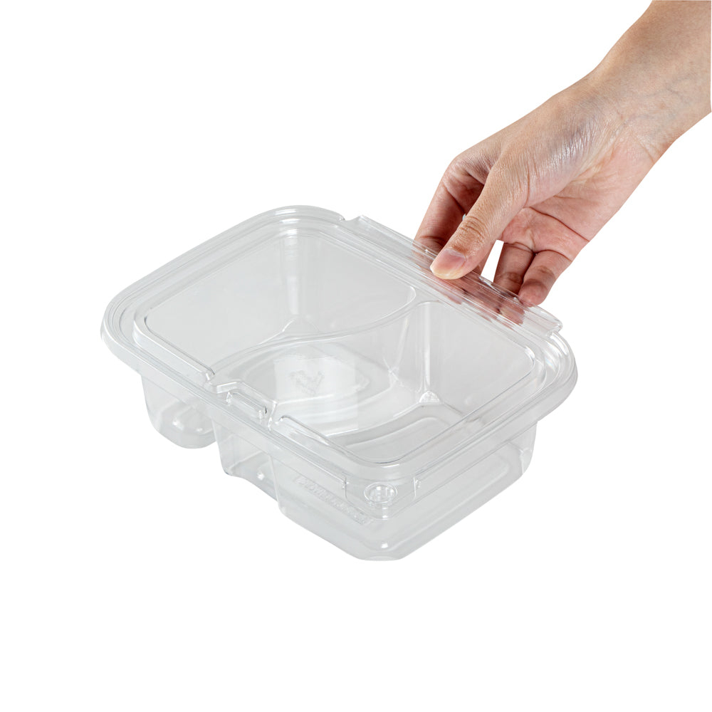 Tamper Tek 24 oz Rectangle Clear Plastic Container - with Lid, Tamper-Evident, 2 Compartments - 7 1/4" x 5 1/2" x 2 1/4" - 100 count box