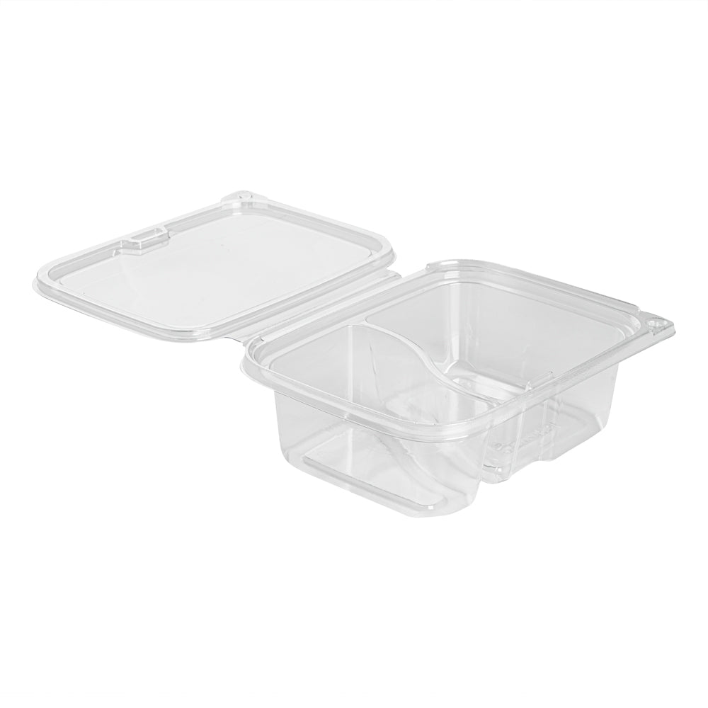 Tamper Tek 24 oz Rectangle Clear Plastic Container - with Lid, Tamper-Evident, 2 Compartments - 7 1/4" x 5 1/2" x 2 1/4" - 100 count box