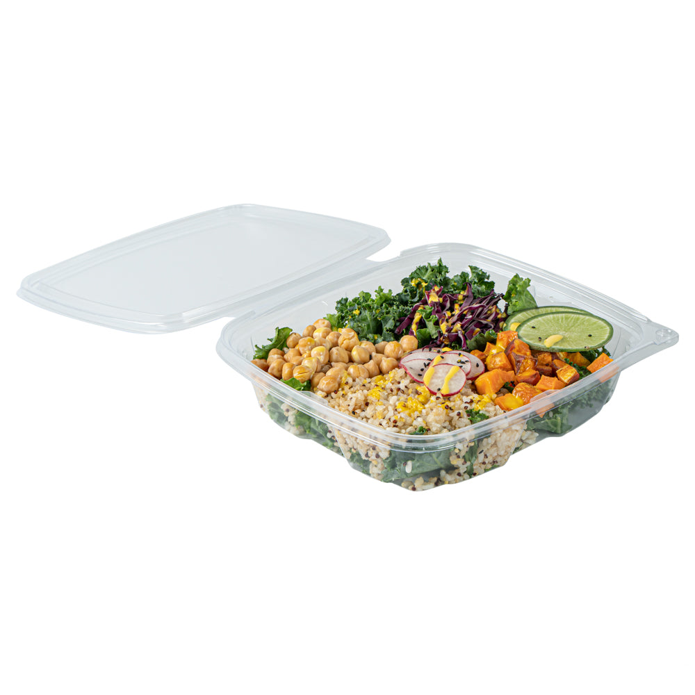 Tamper Tek 48 oz Rectangle Clear Plastic Salad Container - with Lid, Tamper-Evident - 8 3/4" x 7 3/4" x 1 3/4" - 100 count box