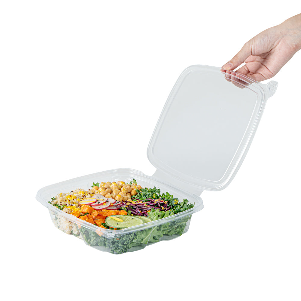 Tamper Tek 48 oz Rectangle Clear Plastic Salad Container - with Lid, Tamper-Evident - 8 3/4" x 7 3/4" x 1 3/4" - 100 count box