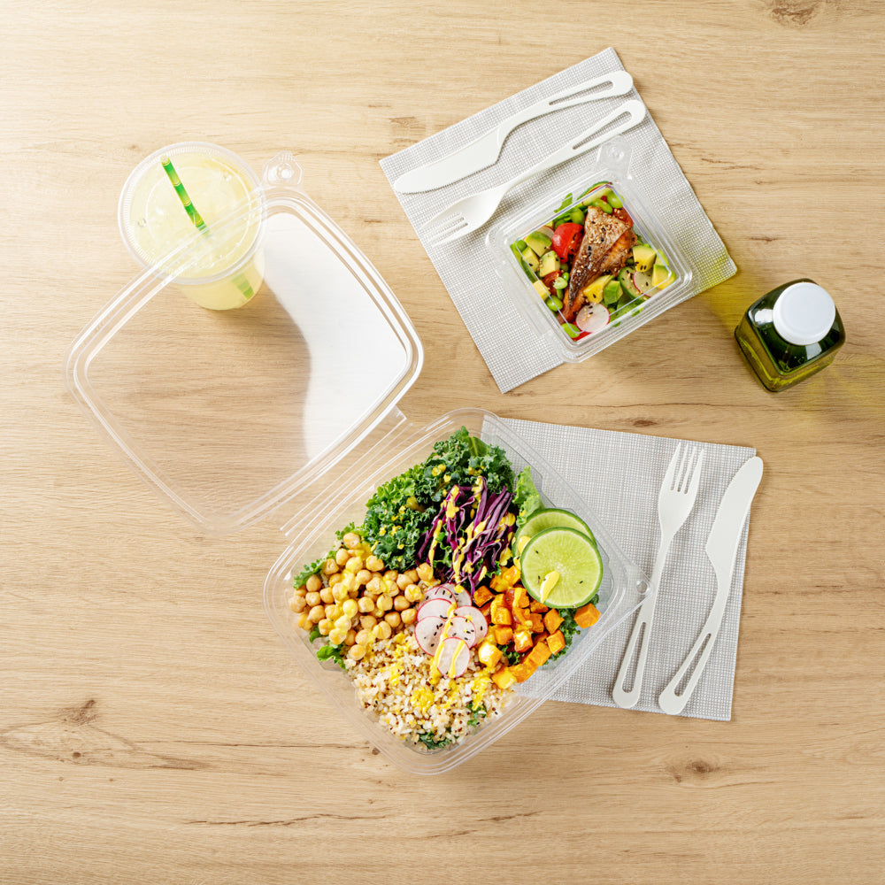 Tamper Tek 48 oz Rectangle Clear Plastic Salad Container - with Lid, Tamper-Evident - 8 3/4" x 7 3/4" x 1 3/4" - 100 count box