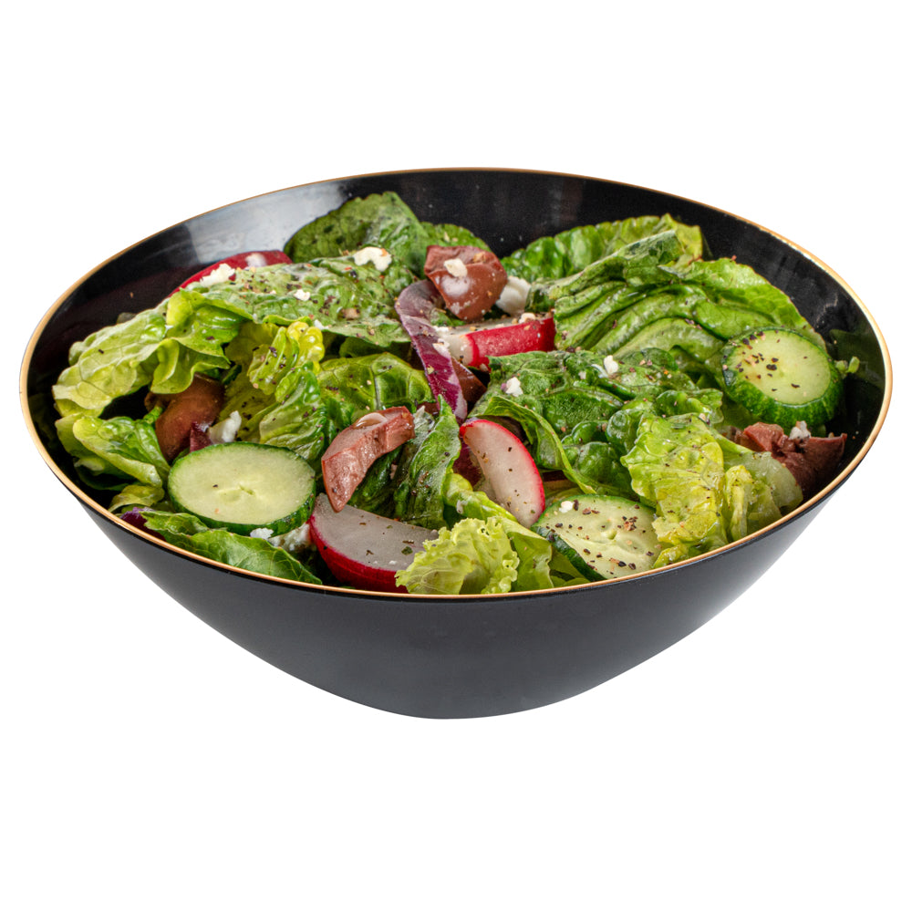 Moderna 6 oz Round Black Plastic Gold-Rimmed Bowl - 4 3/4" x 4 3/4" x 1 3/4" - 20 count box
