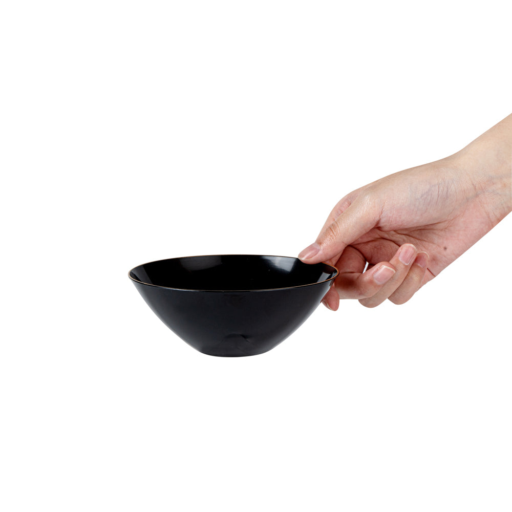 Moderna 6 oz Round Black Plastic Gold-Rimmed Bowl - 4 3/4" x 4 3/4" x 1 3/4" - 20 count box