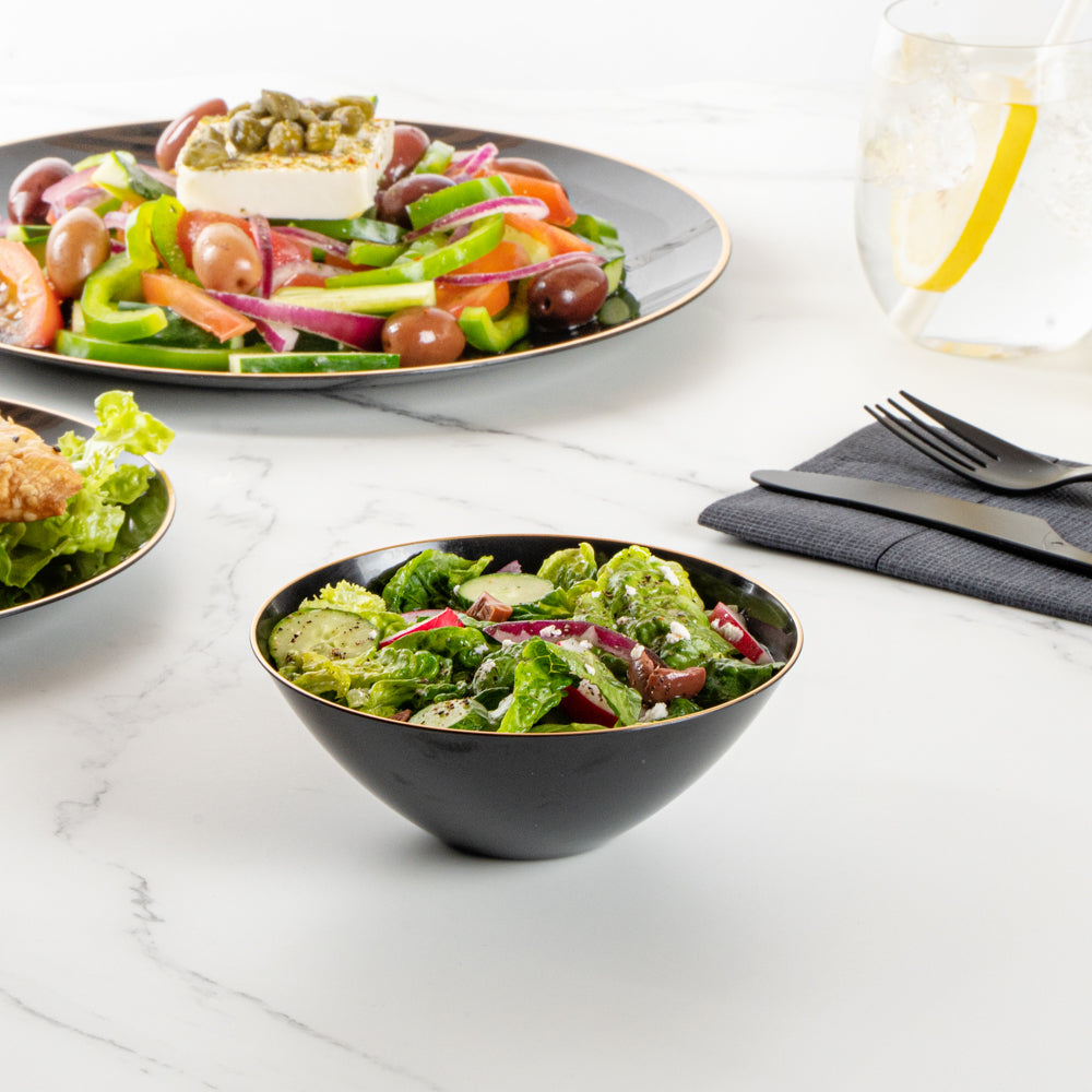 Moderna 6 oz Round Black Plastic Gold-Rimmed Bowl - 4 3/4" x 4 3/4" x 1 3/4" - 20 count box
