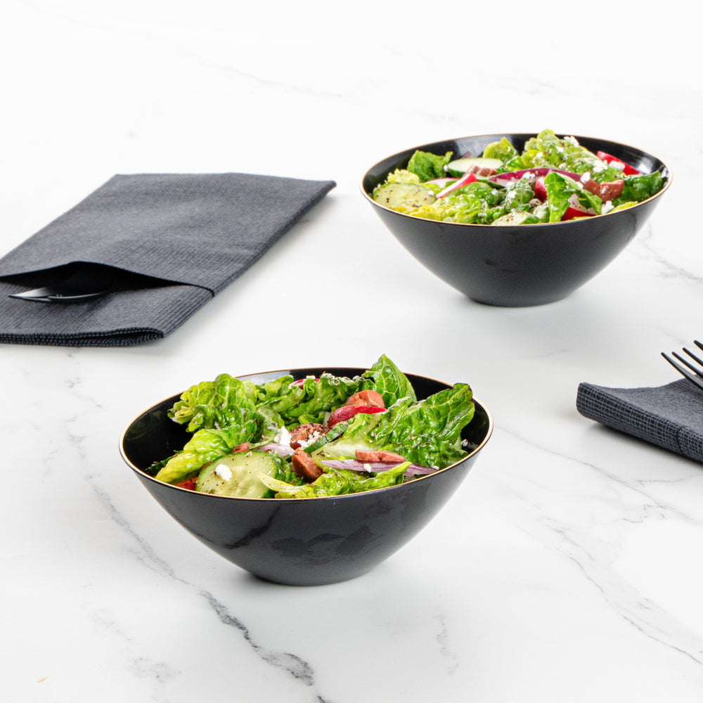 Moderna 6 oz Round Black Plastic Gold-Rimmed Bowl - 4 3/4" x 4 3/4" x 1 3/4" - 100 count box