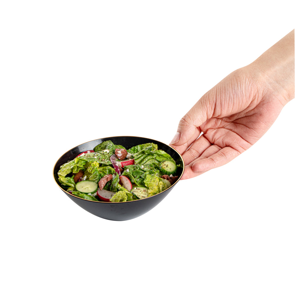 Moderna 6 oz Round Black Plastic Gold-Rimmed Bowl - 4 3/4" x 4 3/4" x 1 3/4" - 100 count box