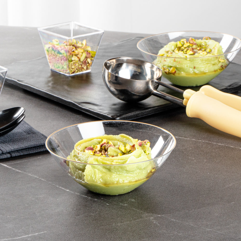 Moderna 6 oz Round Clear Plastic Gold-Rimmed Bowl - 4 3/4" x 4 3/4" x 1 3/4" - 20 count box