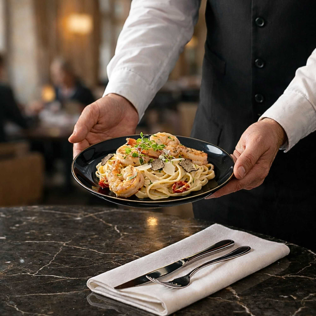 Moderna Round Black Plastic Gold-Rimmed Plate - 7" x 7" x 1/2" - 200 count box