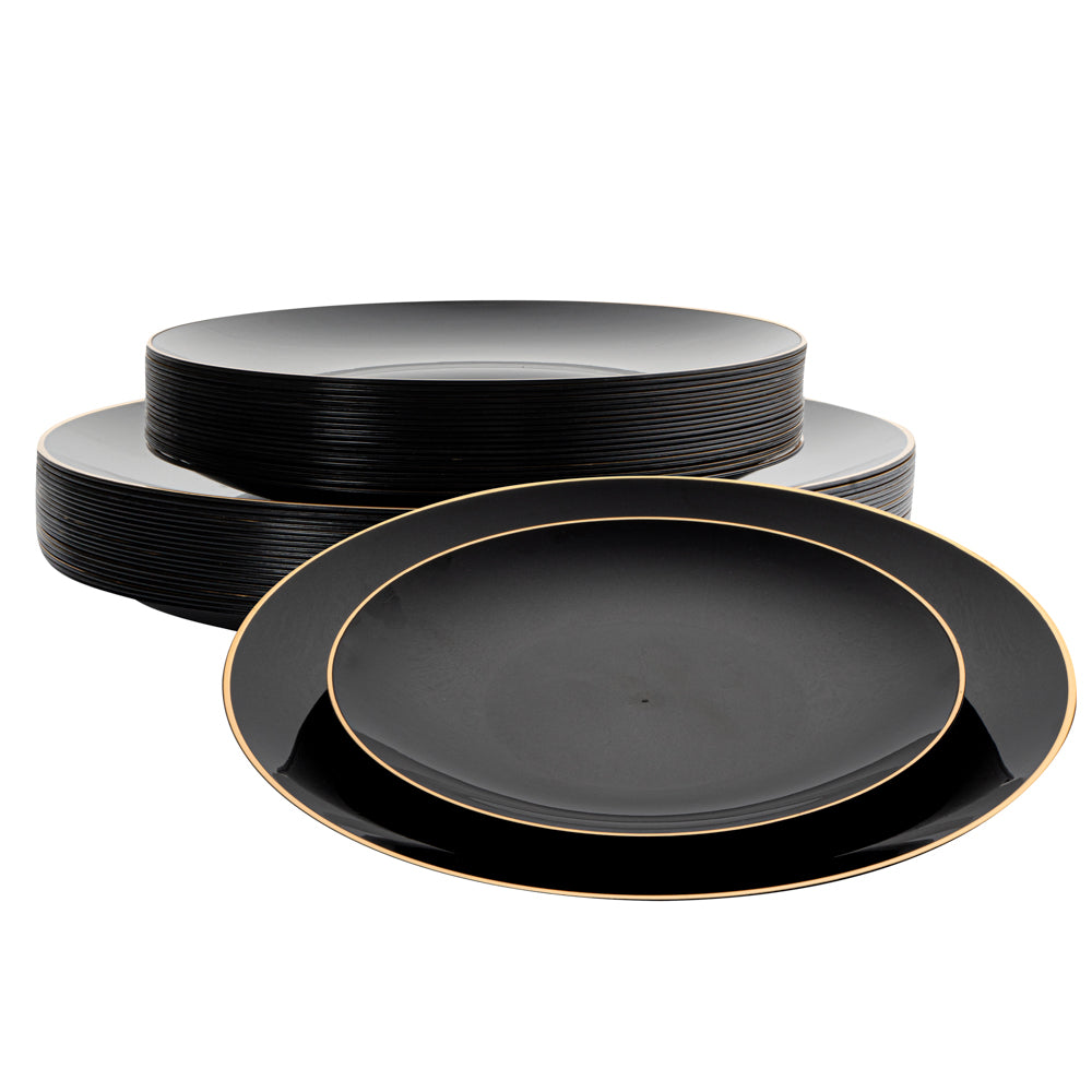 Moderna Round Black Plastic Gold-Rimmed Plate Set - Includes 7" and 10" Plate Sets - 40 count box