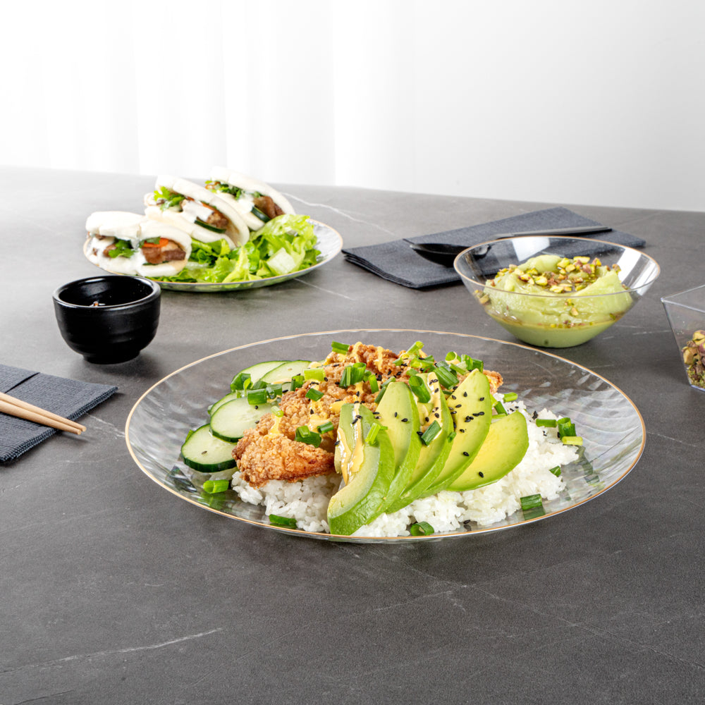 Moderna Round Clear Plastic Gold-Rimmed Plate Set - Hammered, Includes 7" and 10" Plate Sets - 40 count box