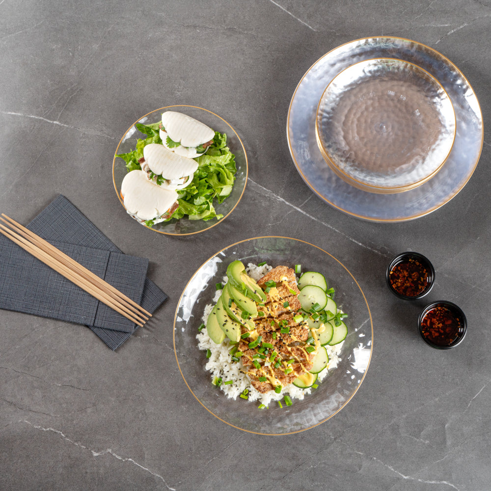 Moderna Round Clear Plastic Gold-Rimmed Plate Set - Hammered, Includes 7" and 10" Plate Sets - 40 count box