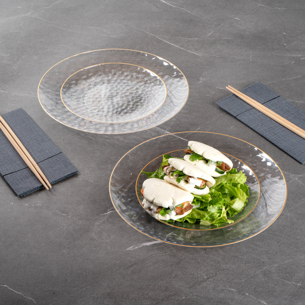 Moderna Round Clear Plastic Gold-Rimmed Plate Set - Hammered, Includes 7" and 10" Plate Sets - 40 count box