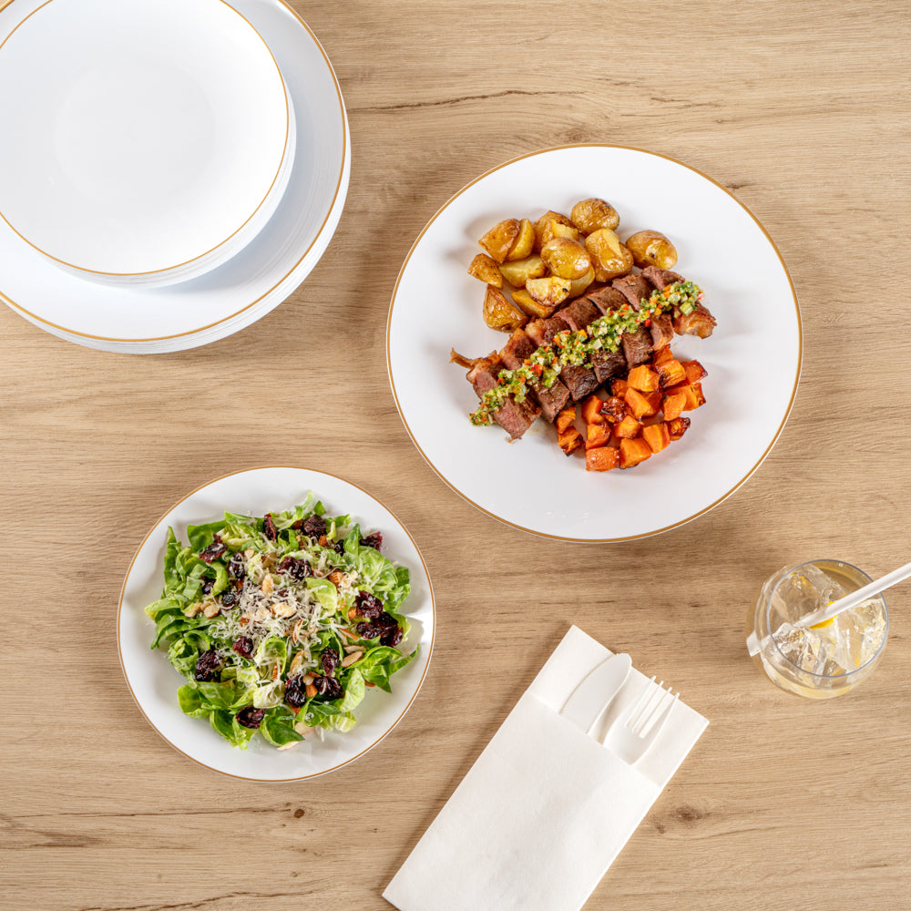 Moderna Round White Plastic Gold-Rimmed Plate Set - Includes 7" and 10" Plate Sets - 40 count box