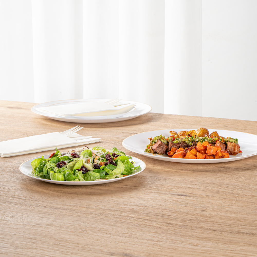 Moderna Round White Plastic Gold-Rimmed Plate Set - Includes 7" and 10" Plate Sets - 40 count box