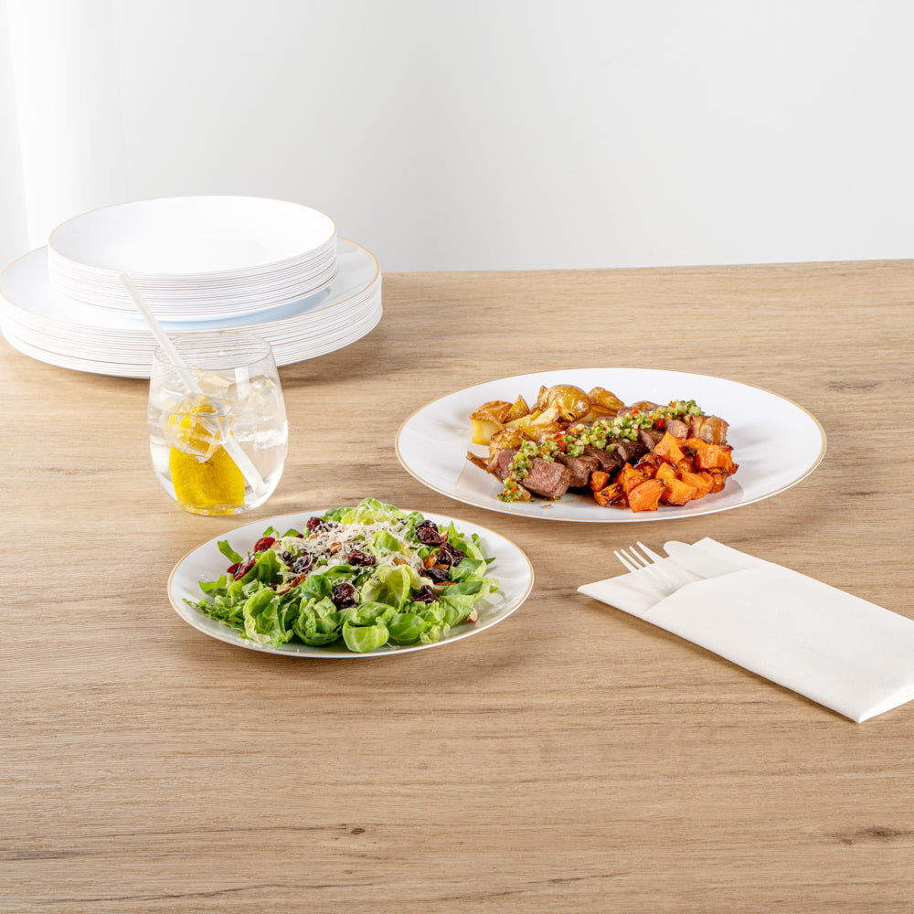 Moderna Round White Plastic Gold-Rimmed Plate Set - Includes 7" and 10" Plate Sets - 40 count box
