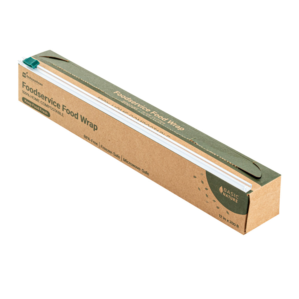 Basic Nature Clear Plastic Foodservice Food Wrap - Home Compostable, BPA-Free, Microwave-Safe - 12" x 200' - 1 count box