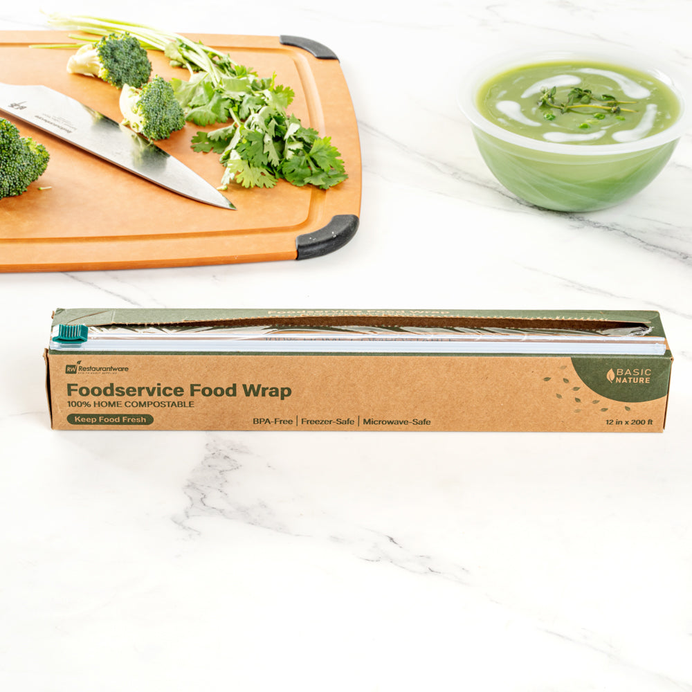 Basic Nature Clear Plastic Foodservice Food Wrap - Home Compostable, BPA-Free, Microwave-Safe - 12" x 200' - 1 count box