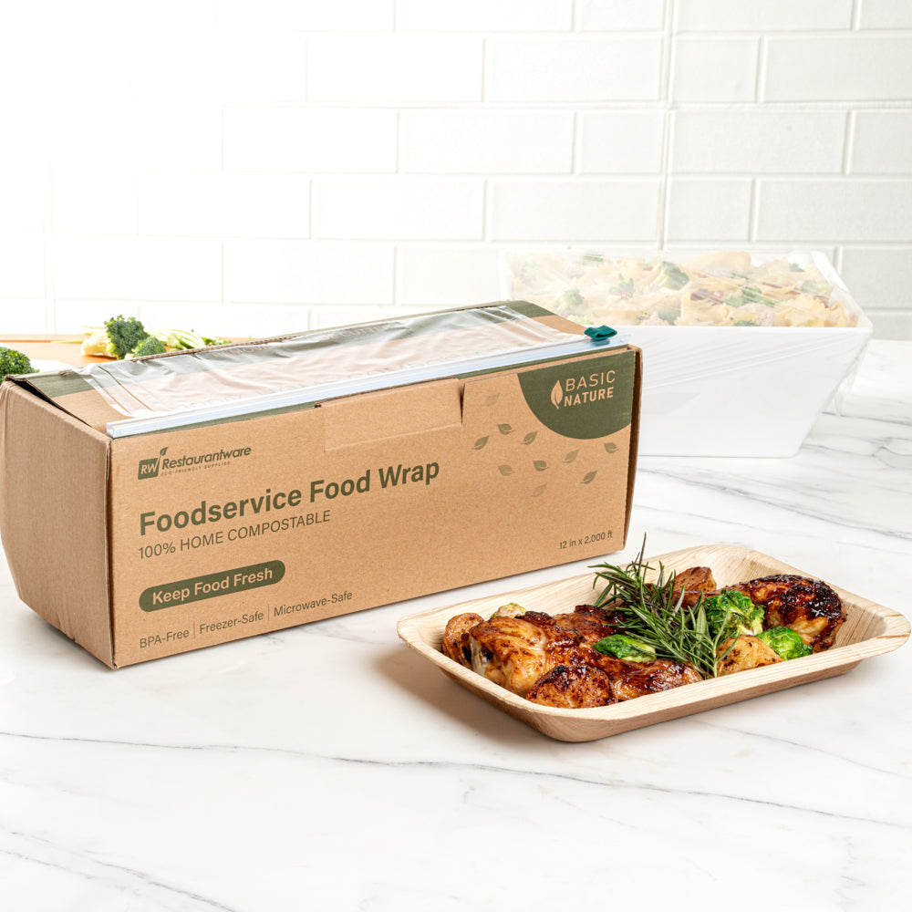 Basic Nature Clear Plastic Foodservice Food Wrap - Home Compostable, BPA-Free, Microwave-Safe - 12" x 2000' - 1 count box