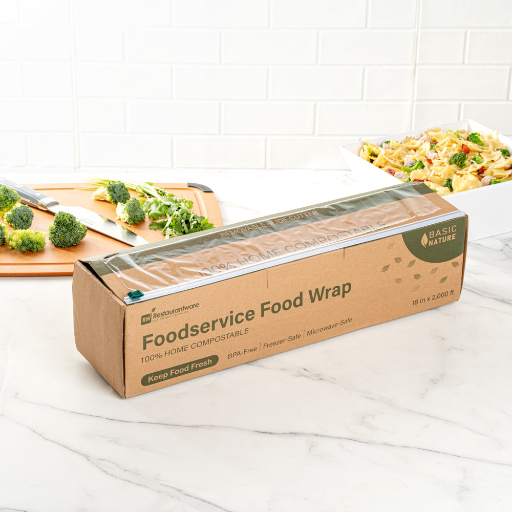 Basic Nature Clear Plastic Foodservice Food Wrap - Home Compostable, BPA-Free, Microwave-Safe - 18" x 2000' - 1 count box