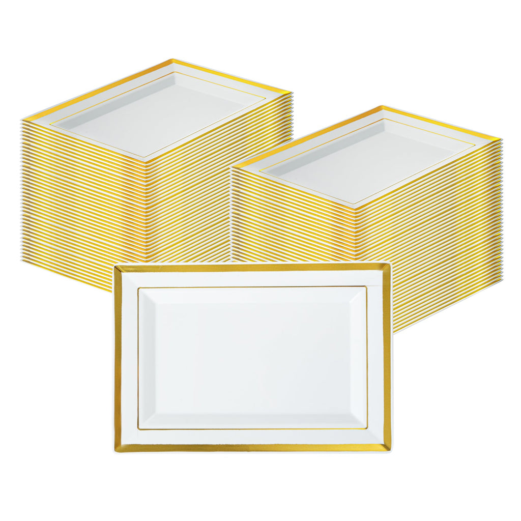 Moderna Rectangle White Plastic Gold-Rimmed Plate - 7 1/2" x 5 1/4" x 1/2" - 10 count box