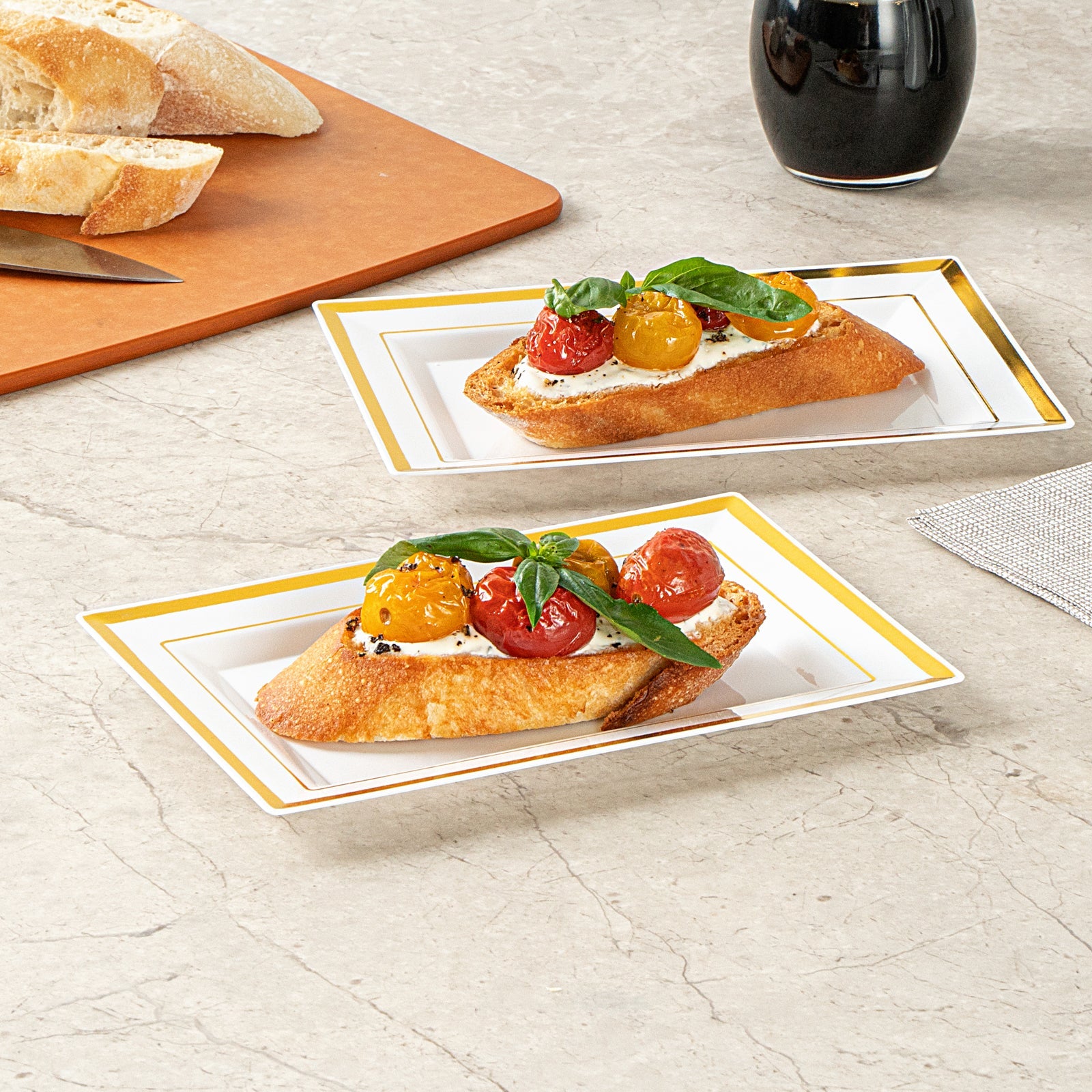 Moderna Rectangle White Plastic Gold-Rimmed Plate - 7 1/2" x 5 1/4" x 1/2" - 10 count box