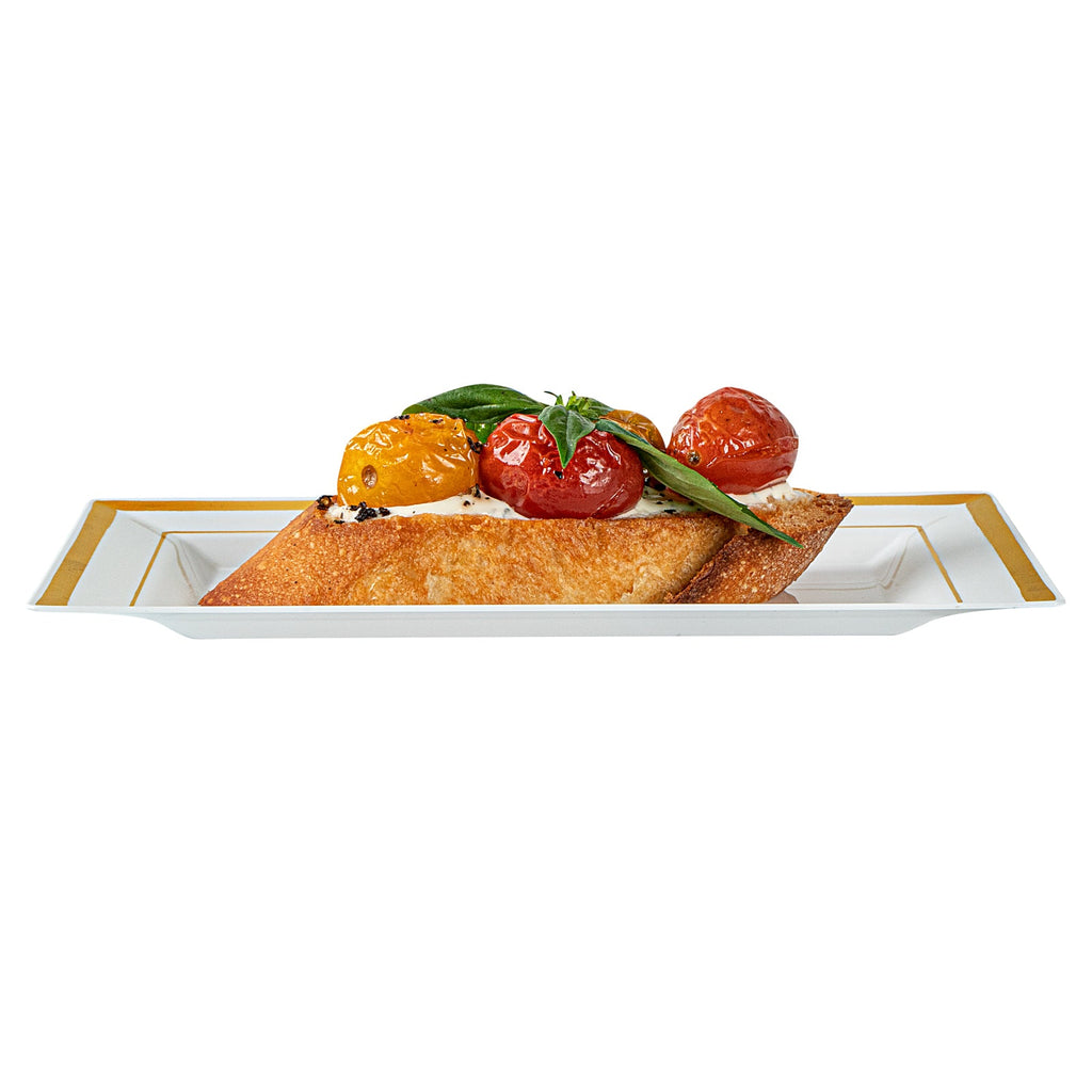 Moderna Rectangle White Plastic Gold-Rimmed Plate - 7 1/2" x 5 1/4" x 1/2" - 10 count box