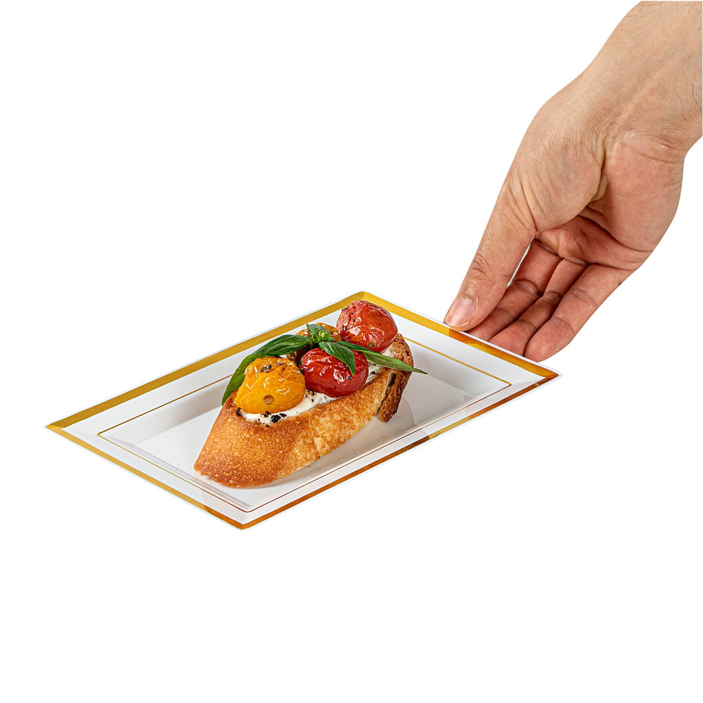 Moderna Rectangle White Plastic Gold-Rimmed Plate - 7 1/2" x 5 1/4" x 1/2" - 10 count box