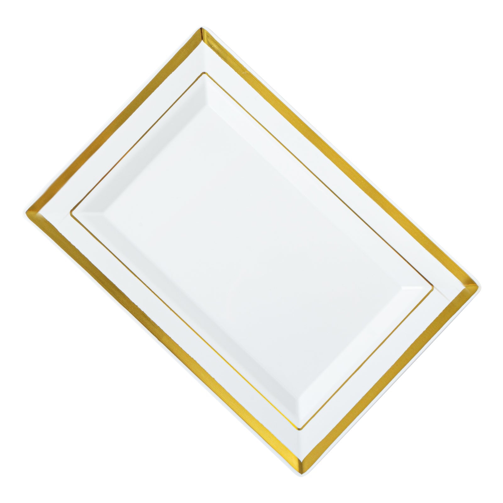 Moderna Rectangle White Plastic Gold-Rimmed Plate - 7 1/2" x 5 1/4" x 1/2" - 10 count box