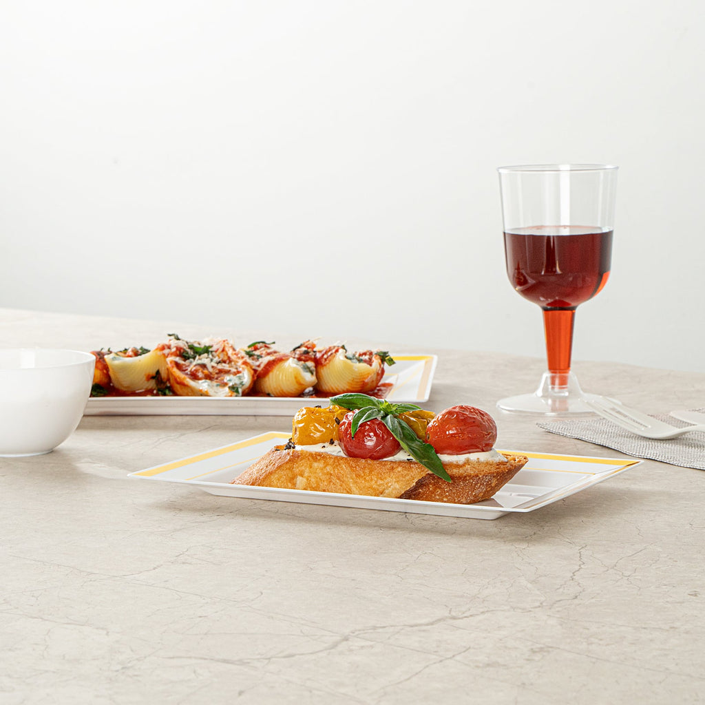 Moderna Rectangle White Plastic Gold-Rimmed Plate - 7 1/2" x 5 1/4" x 1/2" - 10 count box