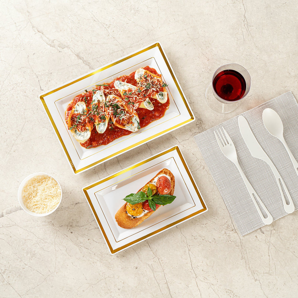 Moderna Rectangle White Plastic Gold-Rimmed Plate - 7 1/2" x 5 1/4" x 1/2" - 10 count box